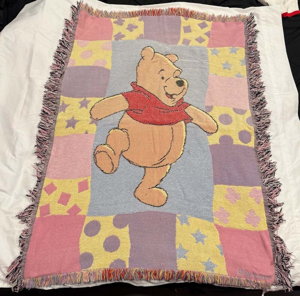 Vintage 90s Winnie the Pooh Disney Woven Baby Tapestry Throw Blanket 36"x46"